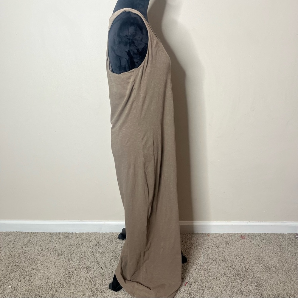 Artisan NY Women’s Khaki Tan V~Neck Sleeveless Split Jersey Knit Maxi Dress Sz L - Picture 2 of 6